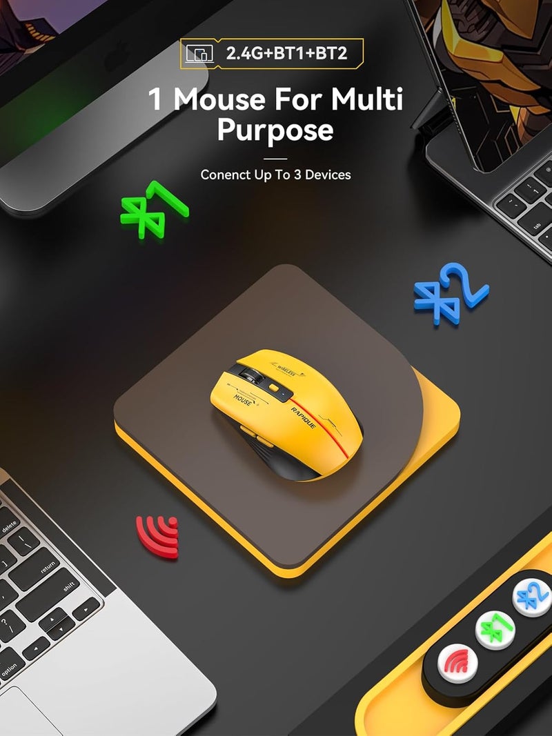 RAPIQUE Bluetooth Wireless Mouse - (BT1/BT2+USB Receiver) Tri-Device Compatibility for PC, Laptop, Computer, MacBook, Tablet (Black and Yellow) - Image 3